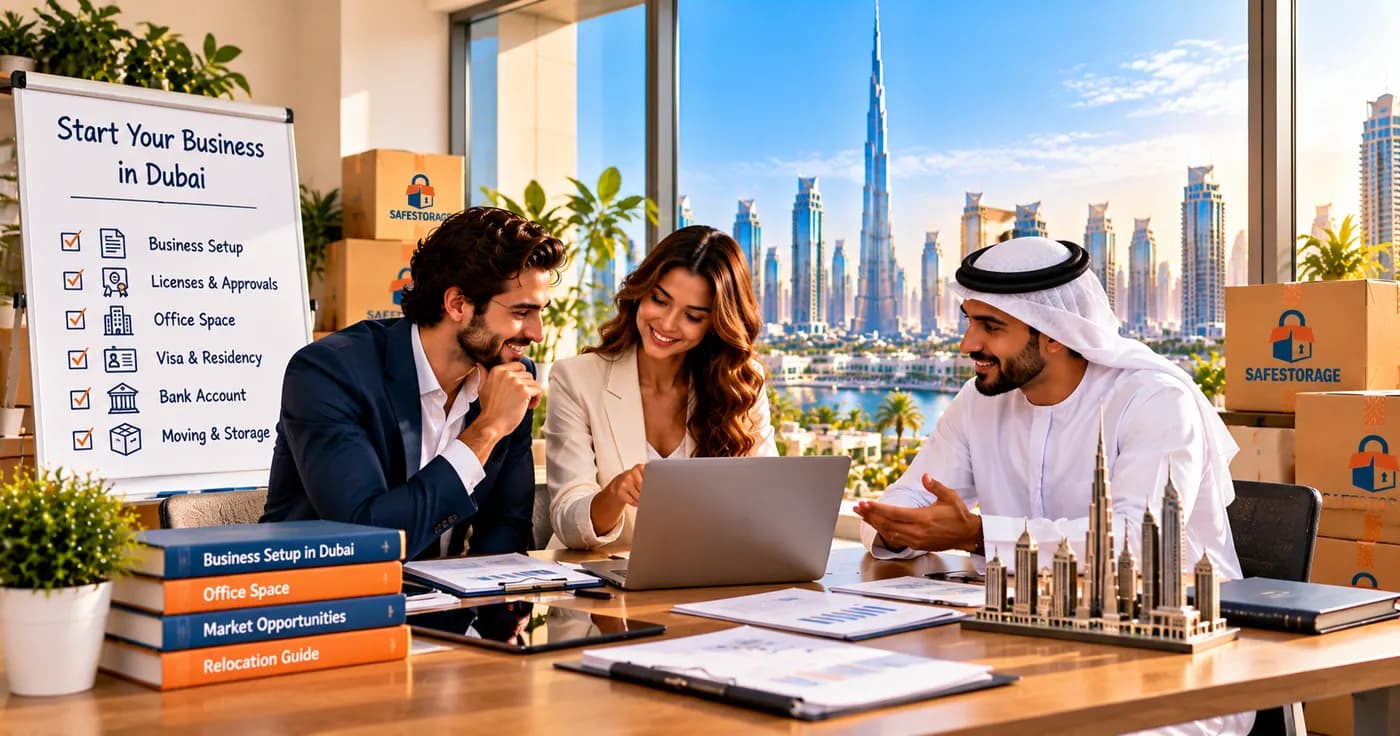 A business team planning a Dubai company setup, with records boxed on the shelves behind