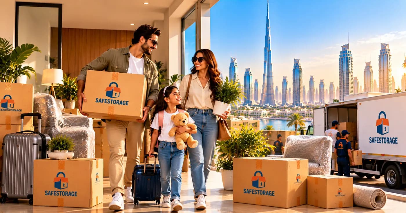 A SafeStorage crew packing a family's home in Dubai, with the skyline behind