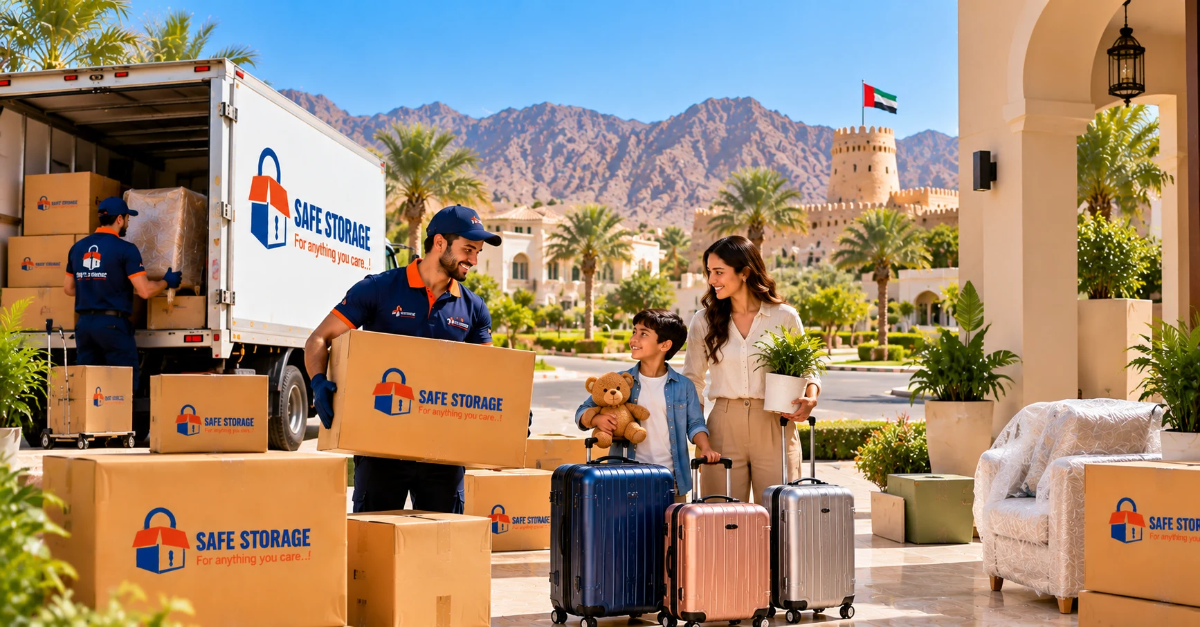 SafeStorage crew loading boxes and suitcases outside a villa in Al Ain