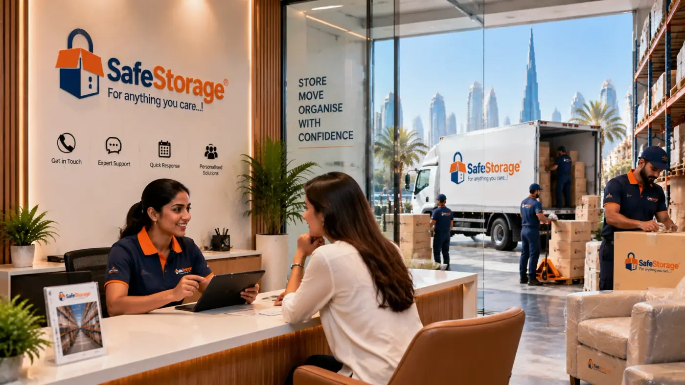 A SafeStorage Dubai consultant helping a customer at the front desk