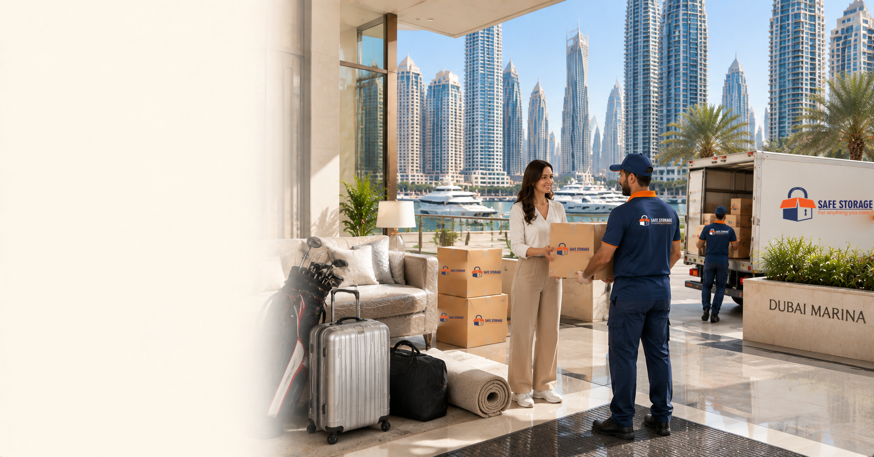 SafeStorage movers collecting boxes from a Dubai Marina apartment