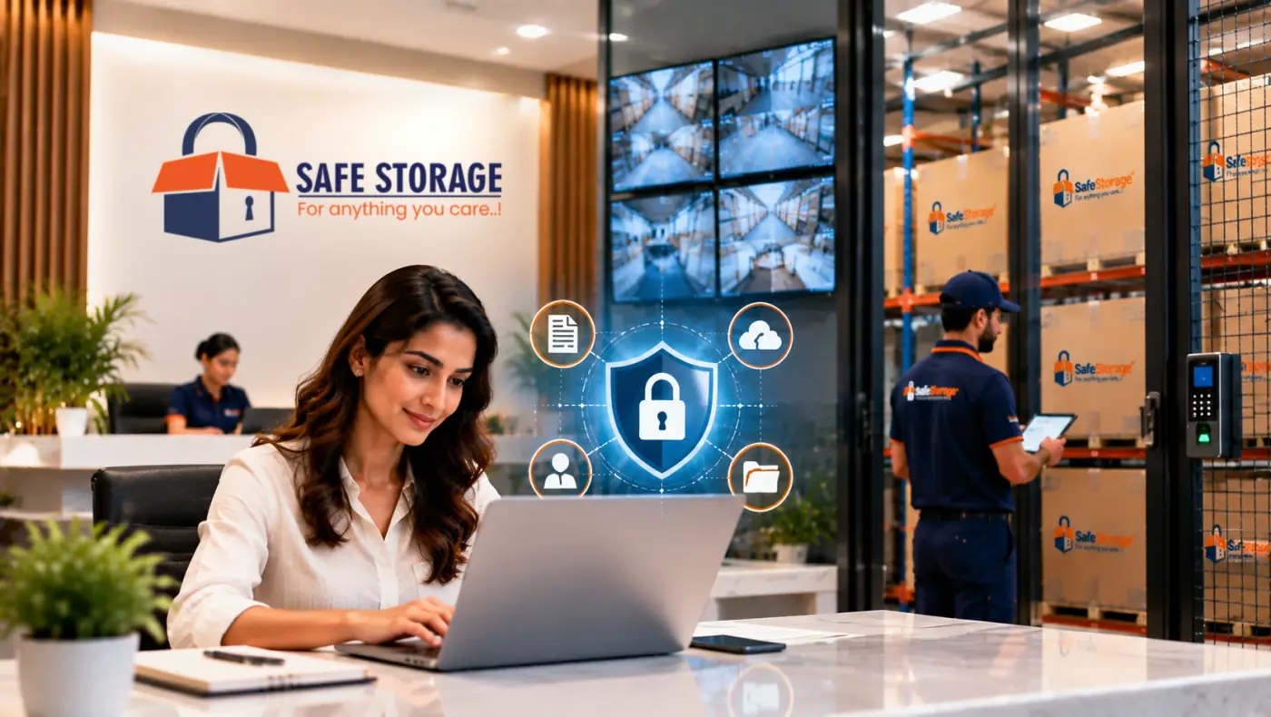 A SafeStorage Dubai team member working at the front desk beside the secure storage floor