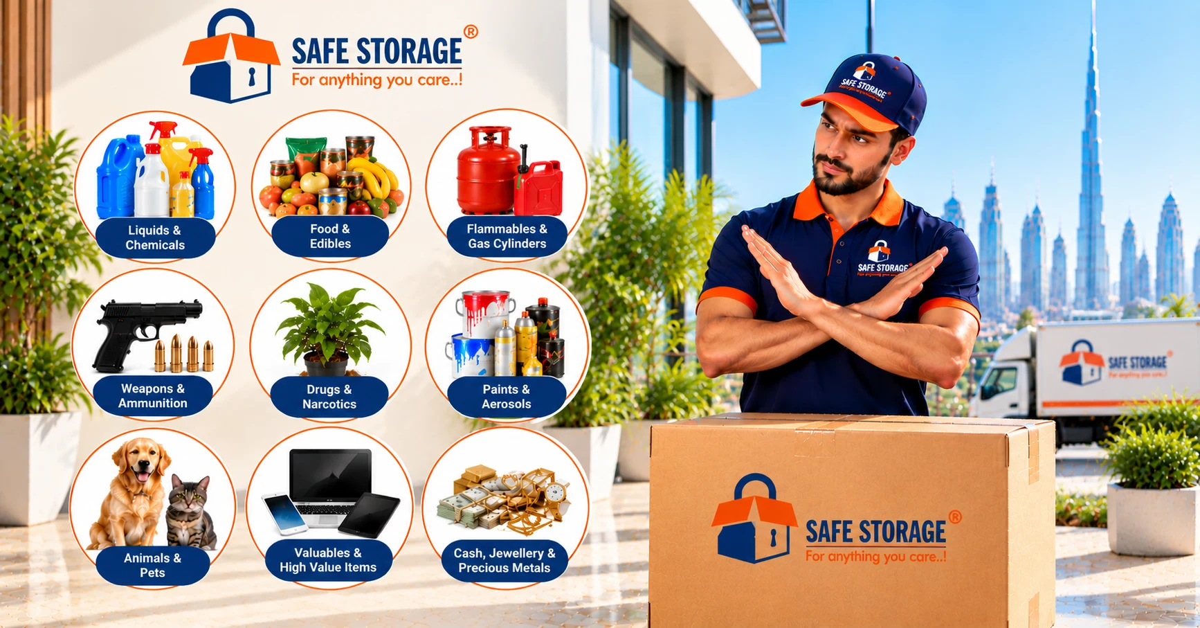 The nine groups SafeStorage cannot store: liquids and chemicals, food, flammables and gas, weapons, drugs, paints, animals, valuables and cash