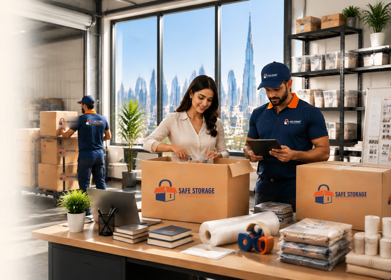 SafeStorage team helping a Dubai small business pack and store stock